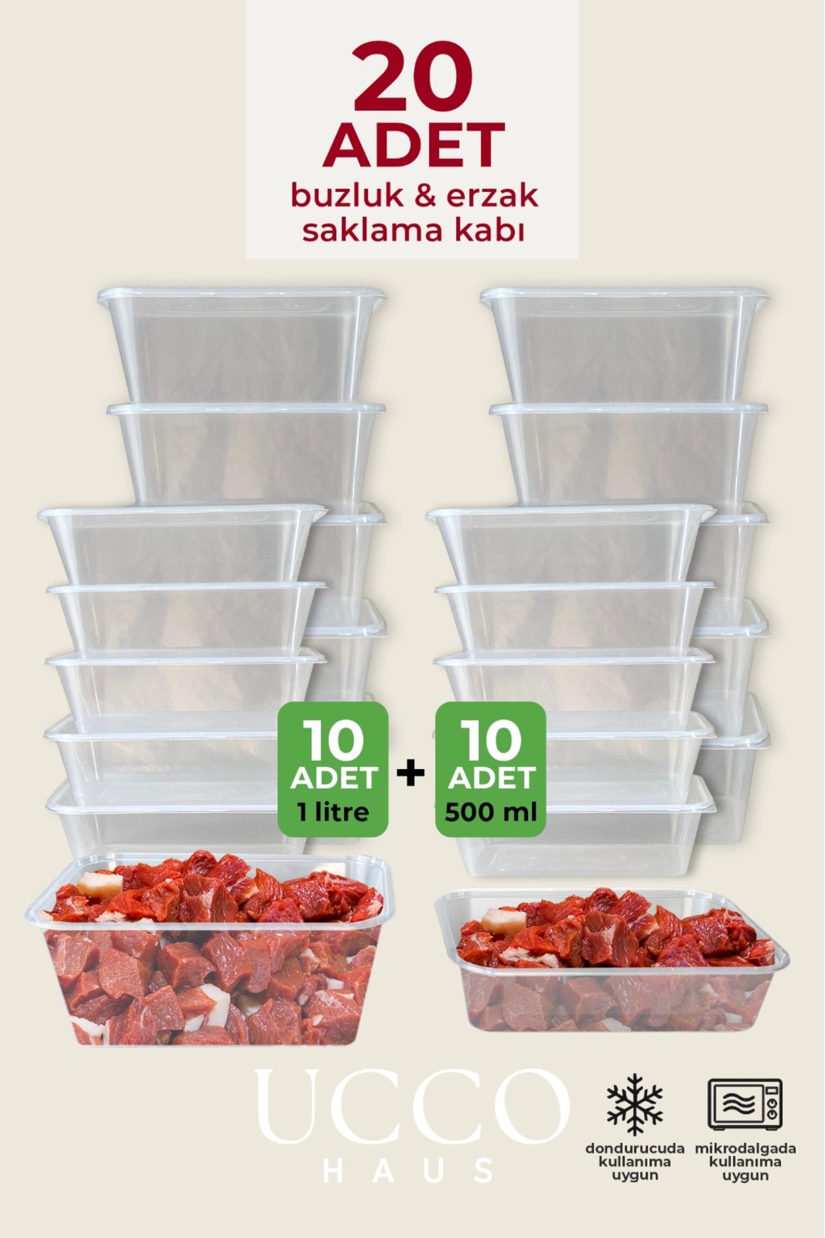 UCCO 20’li Saklama Kabı Seti Ekonomik – 10x500 ml + 10x1000 ml Mikrodalga Buzluk Dondurucu Kapaklı Erzak