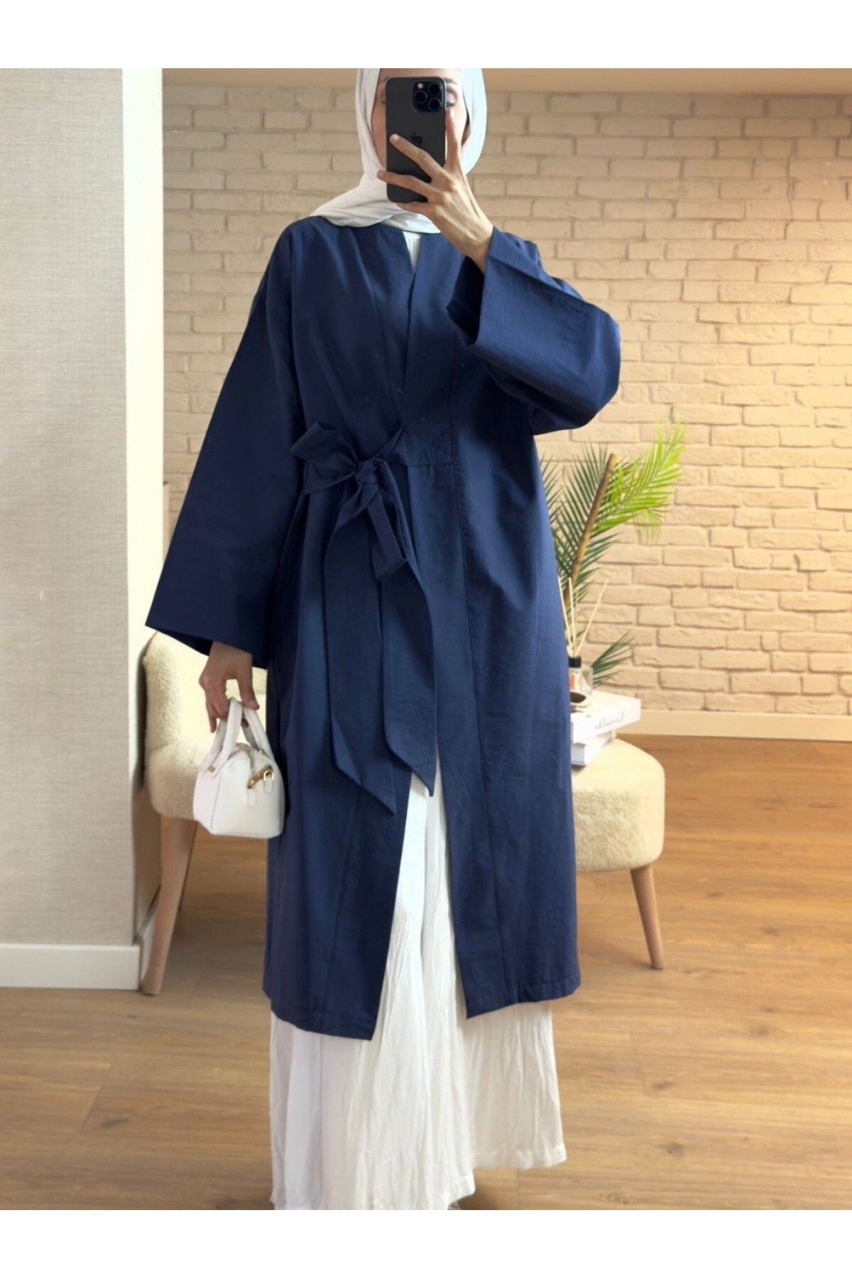 Modamorfo Yan Bağcıklı Cepli Uzun Kimono -Laci