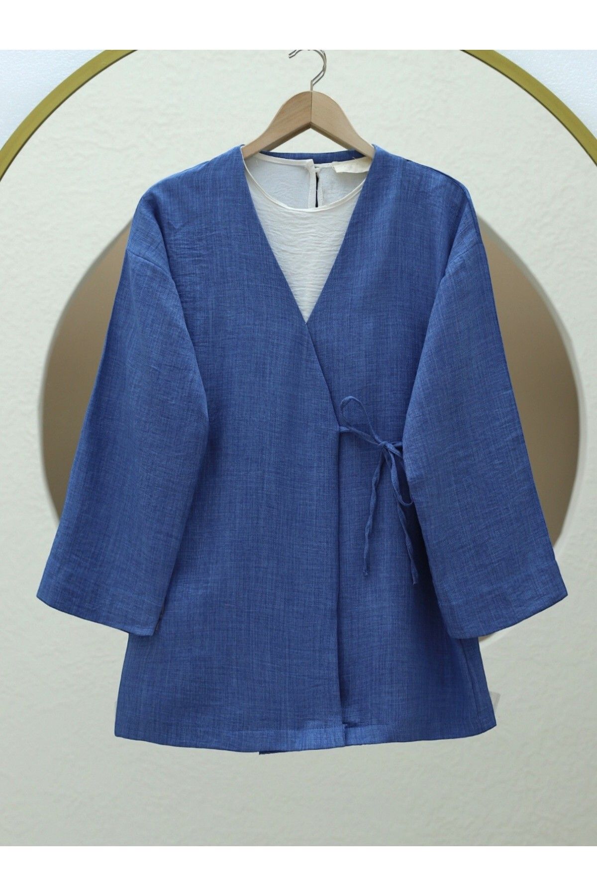 Modamorfo Yandan Bağlamalı Keten Kimono -İndigo