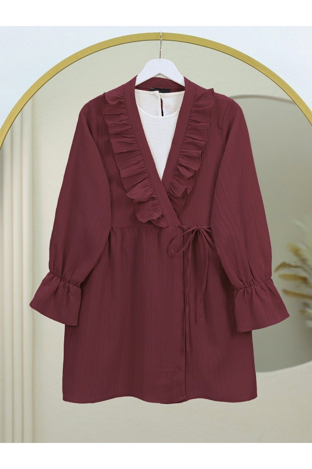 Modamorfo Önü Fırfırlı Bağlamalı Krinkıl Kimono -Bordo