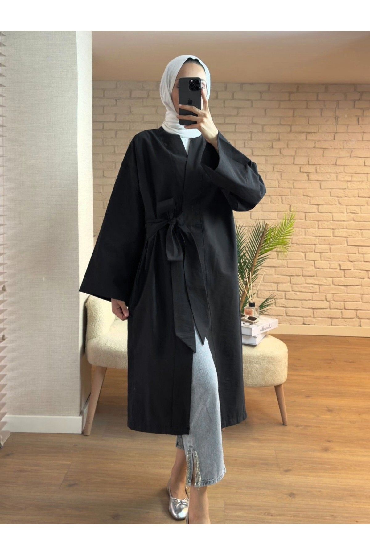 Modamorfo Yan Bağcıklı Cepli Uzun Kimono -Siyah
