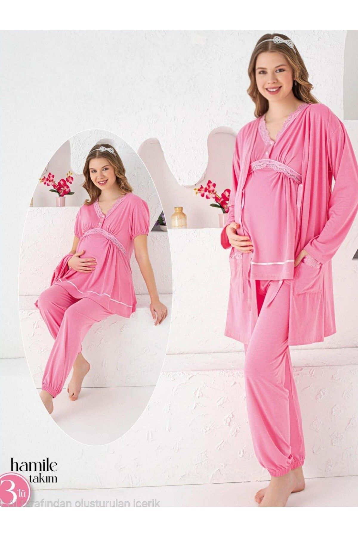 Modamorfo Paçası Lastikli V Yaka Üçlü Hamile Pijama Takımı -Pembe