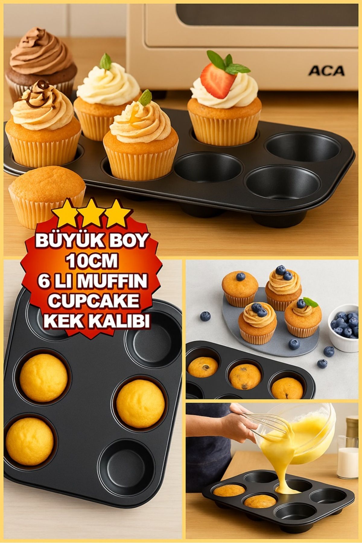 keyfisepet en keyifli sepet 6 Gözlü Büyük Boy Muffin Kek Kalıbı – 10 cm Çaplı, Yapışmaz Cupcake Fırın Kalıbı