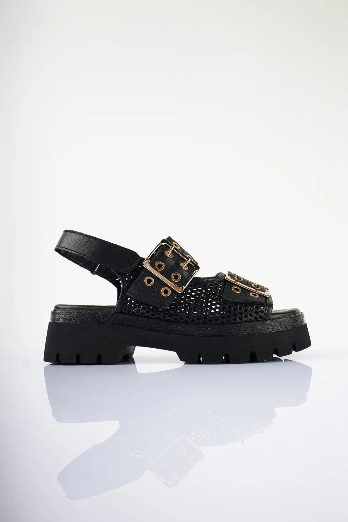 SU SHOE BOUTIQUE NO79 Siyah Hakiki Deri Çift Tokalı Tasarım Sandalet