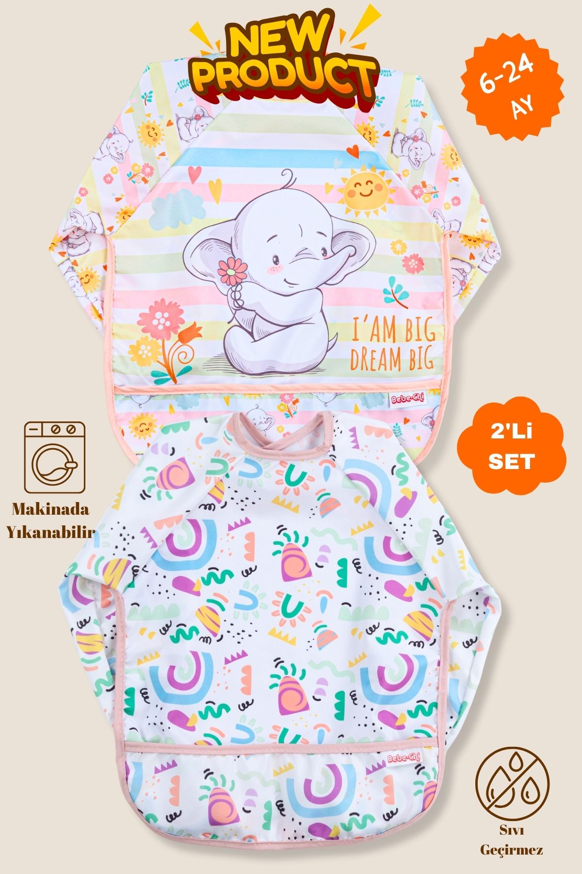 Bebechi Uzun Kollu Giyilebilir Sevimli Fil-Melin Desen Sıvı Geçirmez Aktivite ve Mama Önlüğü 6-24 AY