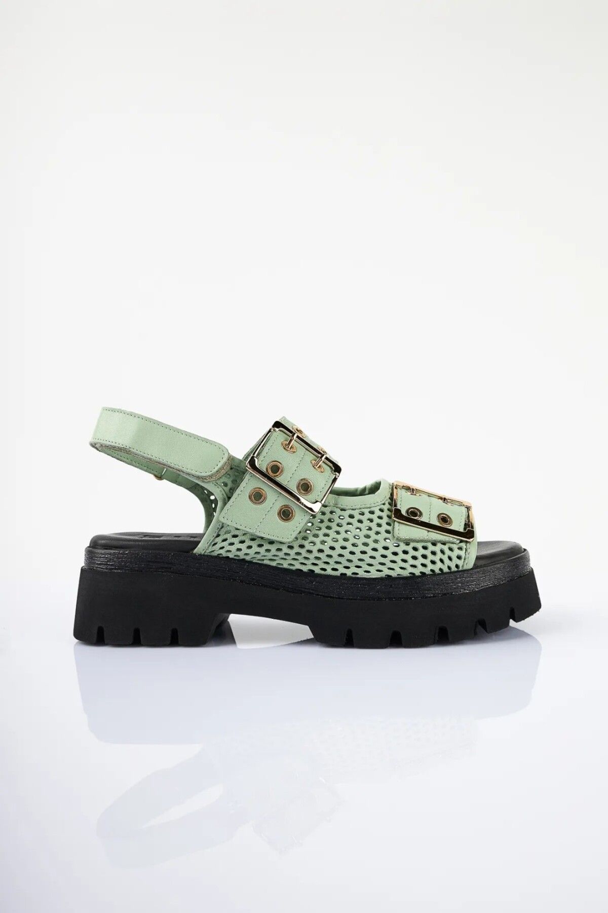 SU SHOE BOUTIQUE NO79 Mint Yeşili Hakiki Deri Çift Tokalı Tasarım Sandalet