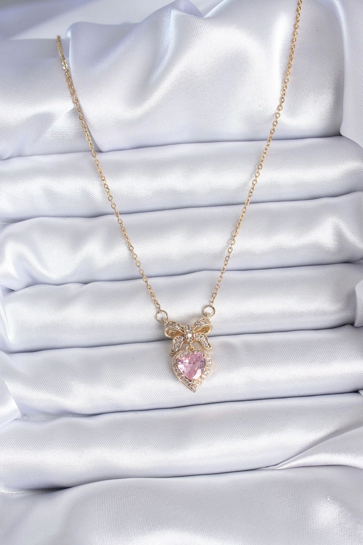 bamido 316l Çelik Gold Zincir Pembe Kristal Kalp Model Zirkon Taşlı Kurdele Model Kadın Kolye - Bamido