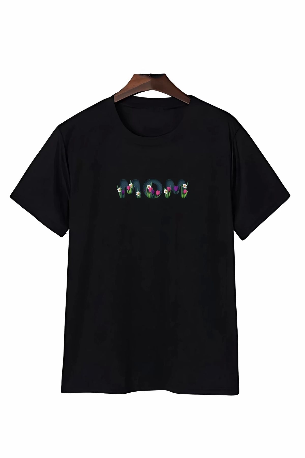 luz&pos Anneler Gününe Özel Tasarım mom Çiçek Baskılı T-shirt - Siyah