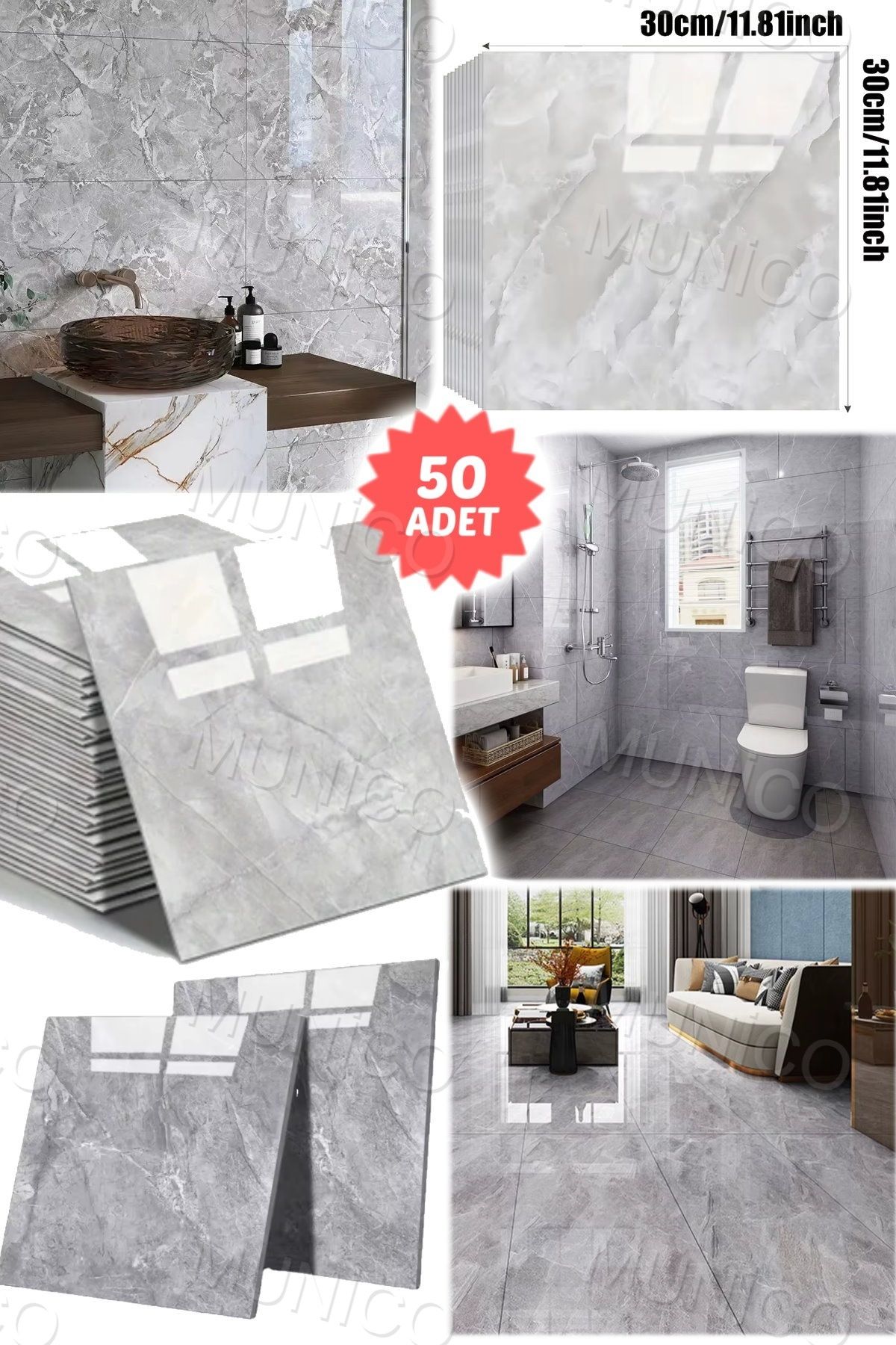 Munico 50 Adet 30 Cm Gri Banyo Mutfak Yer Döşeme 30x30 Fayans Gerçekçi Mermer Kaplaması Kaliteli Şık Pro