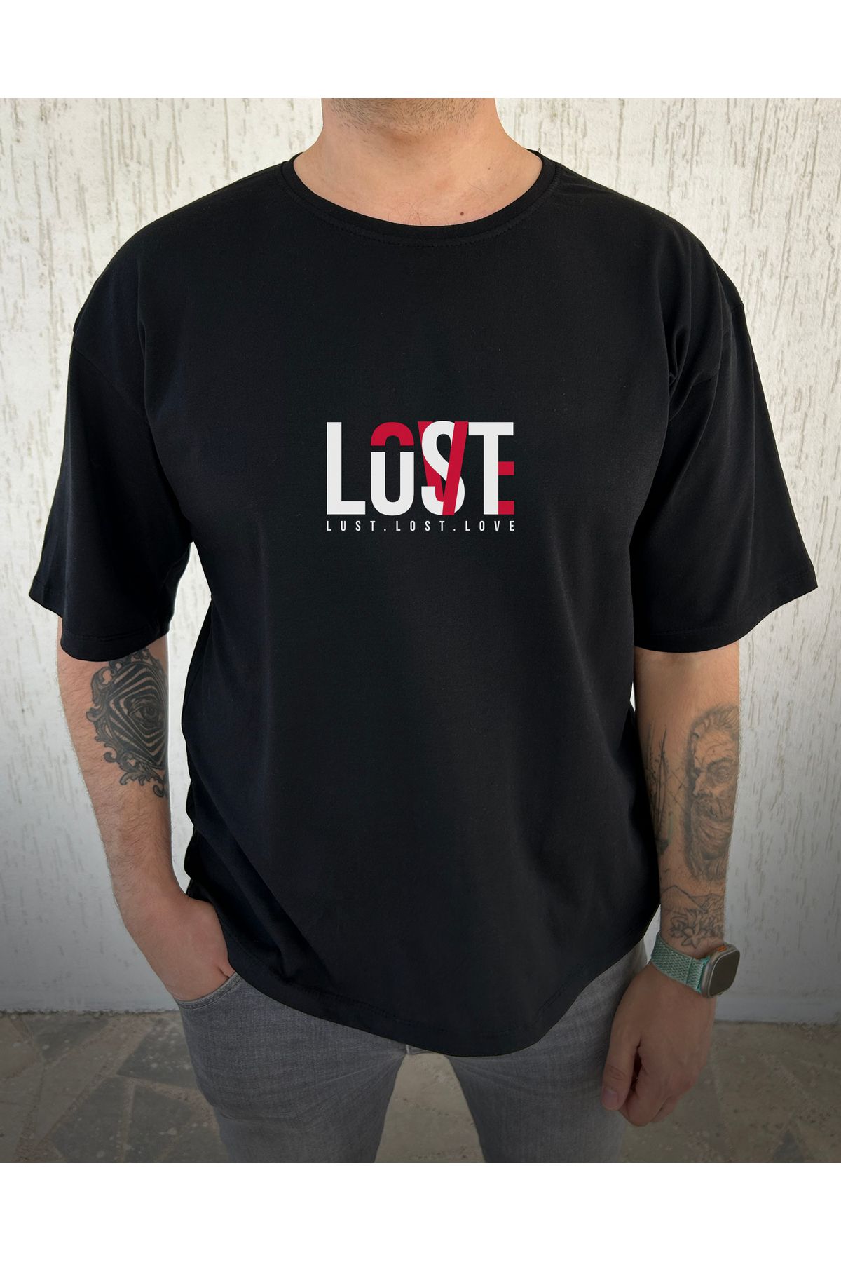 ClubSpaceAstro Lust Lost Love Baskılı %100 Pamuk Oversize Erkek Tişört – Anlamlı Tasarım, Rahat Kalıp