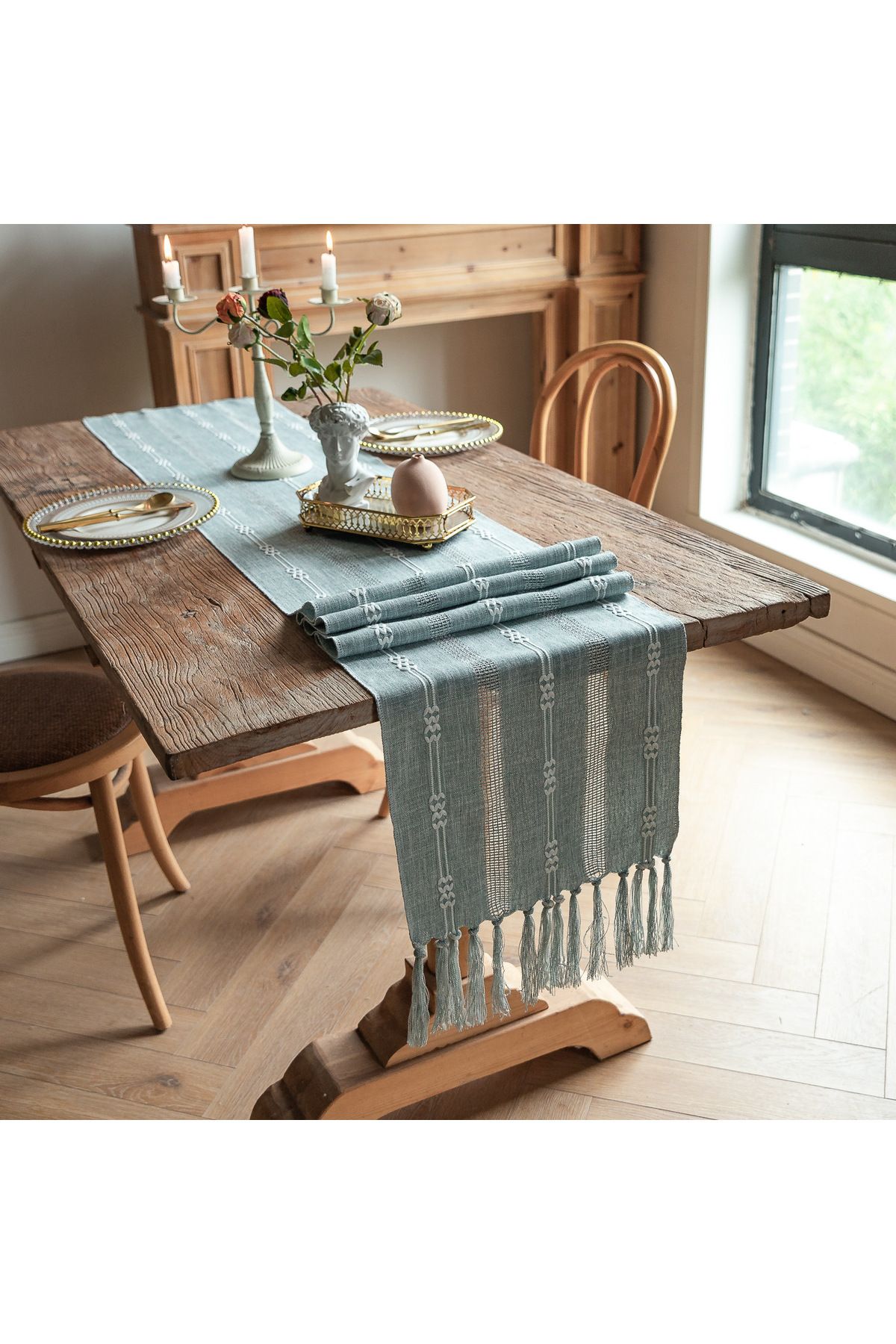 MARYALEX Fata De Masa, Traversa, 220x33 Cm, Din Bumbac, Fire De Iuta Naturala, Cu Ciucuri Lucrati Manual - One Size
