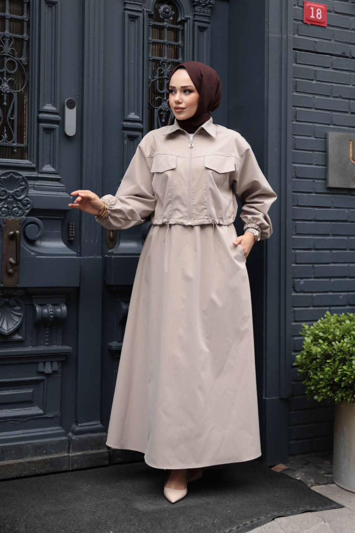 N.S NEVA STYLE Ceketli Vizon Tesettür Etekli İkili Takım 4458V