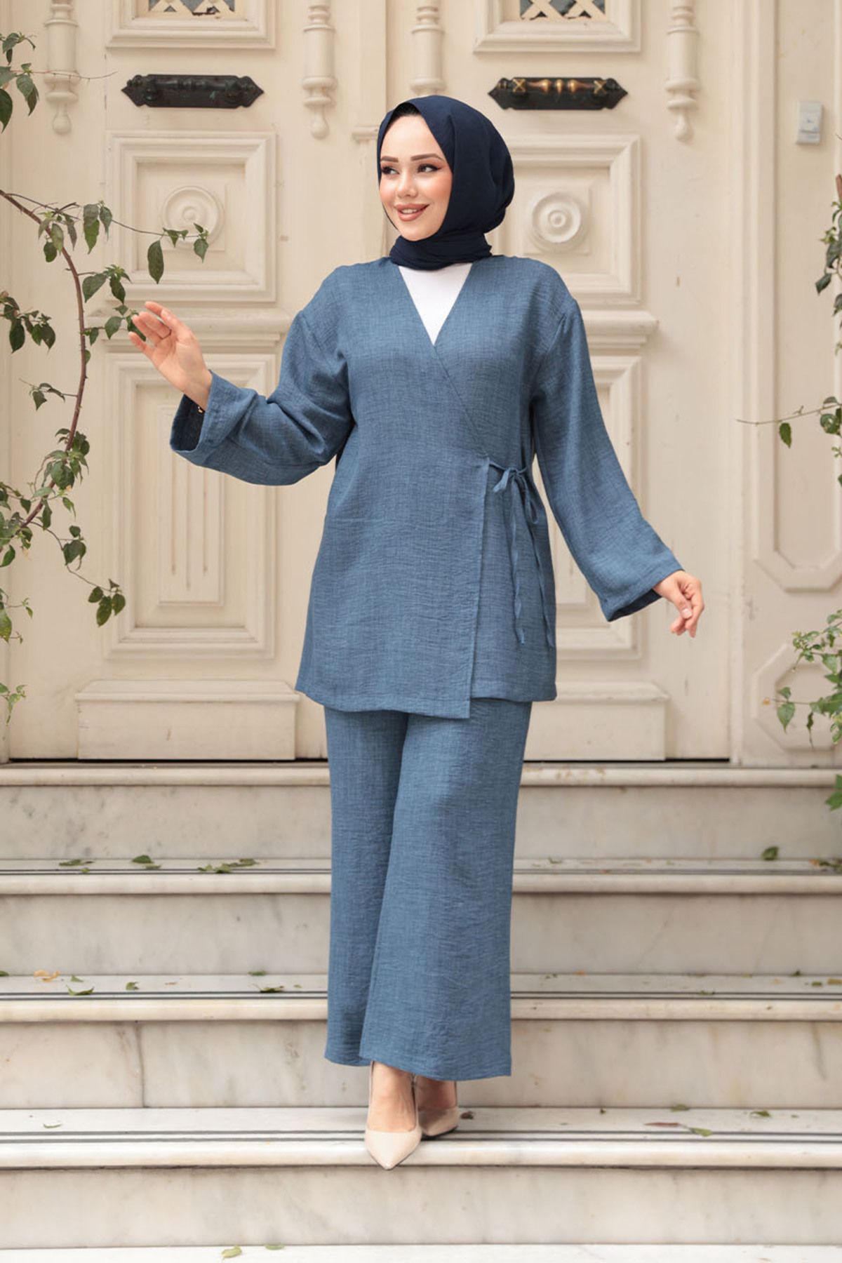 N.S NEVA STYLE Yandan Bağlama Detaylı İndigo Mavisi Tesettür İkili Takım 50183IM