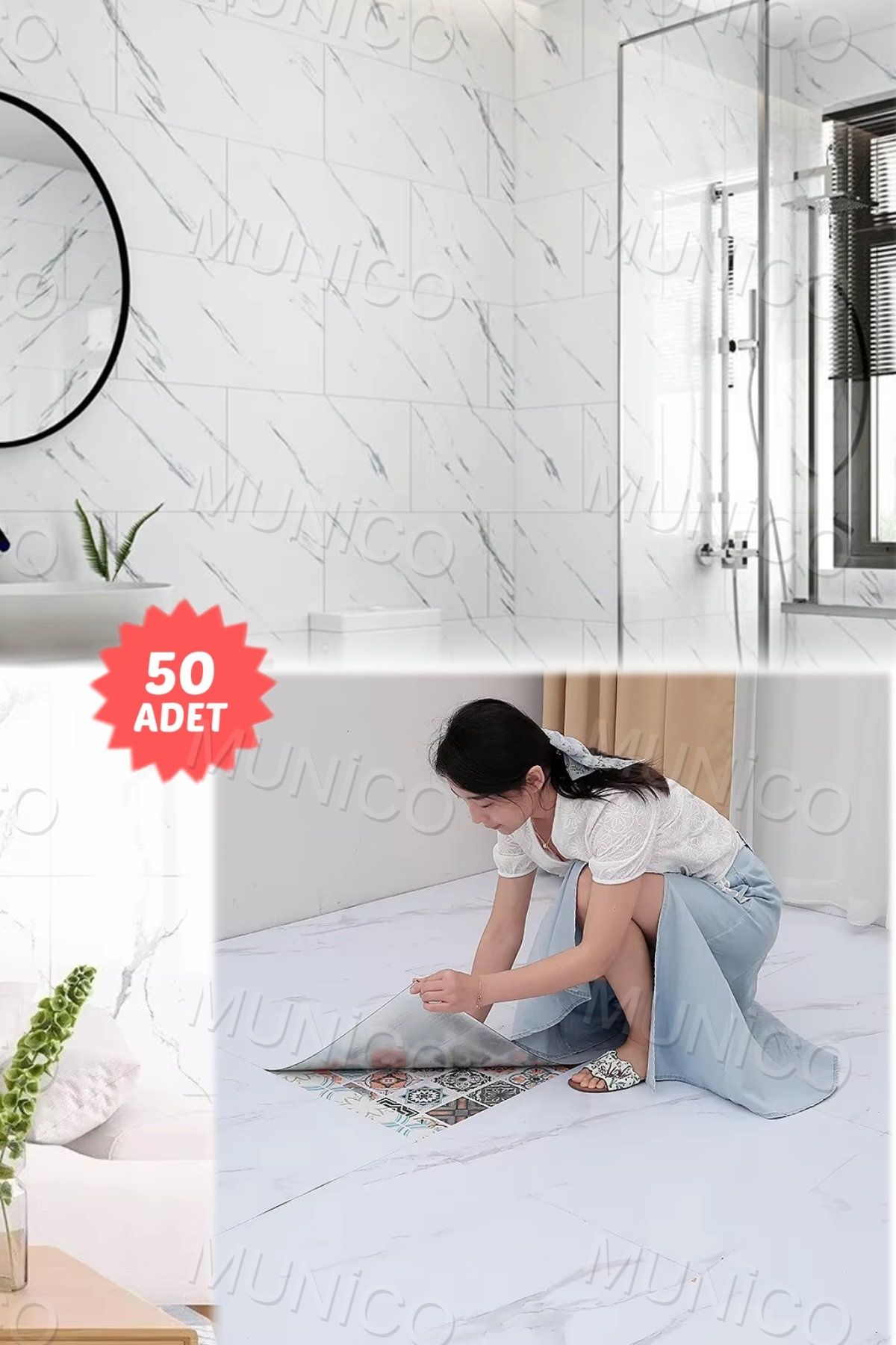 Munico 50 Parça Beyaz 30x30 Fayans Mermer Duvar Fayans Kendinden Yapışkanlı Ev Dekorasyonu Banyo Yalıtım