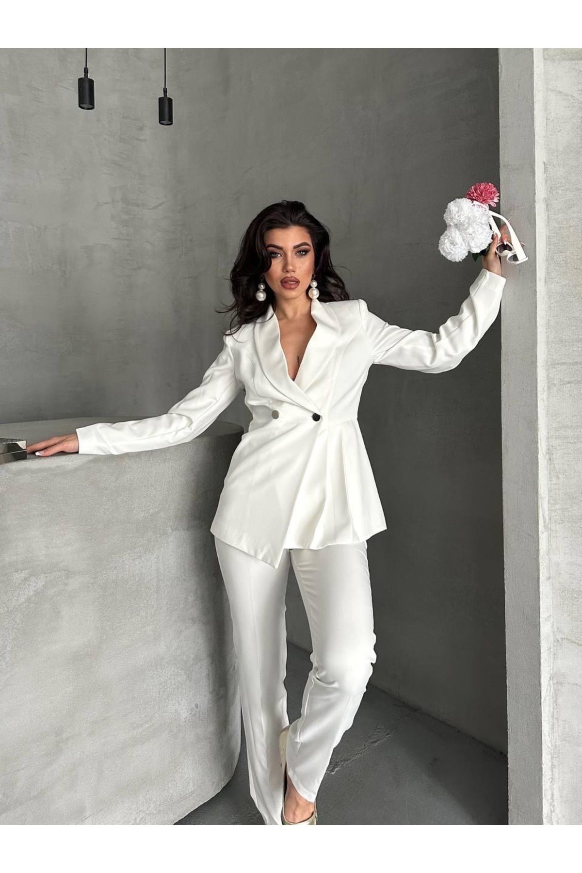 Ekim Store Çift Düğmeli Büzgülü İkili Blazer Takım