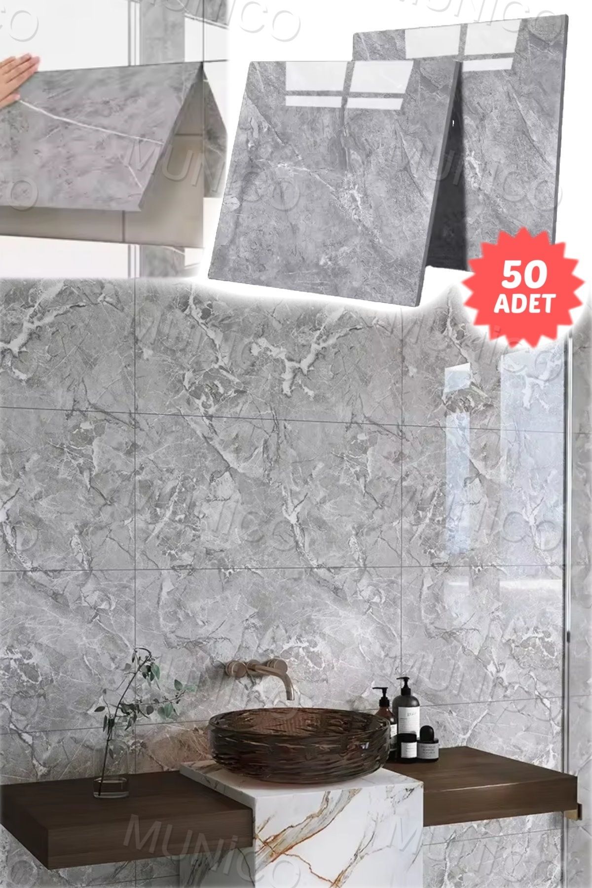 Munico 50 Adet Su Geçirmez Gri Duvar Stickerı 3D Duvar Dekor Duvar Kağıdı Banyo Mermer 60x30cm Yapışanlı