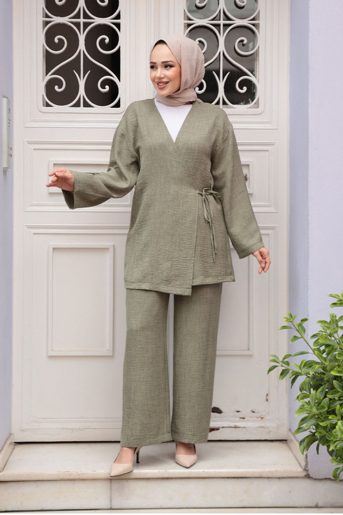 N.S NEVA STYLE Yandan Bağlama Detaylı Çağla Yeşili Tesettür İkili Takım 50183CY