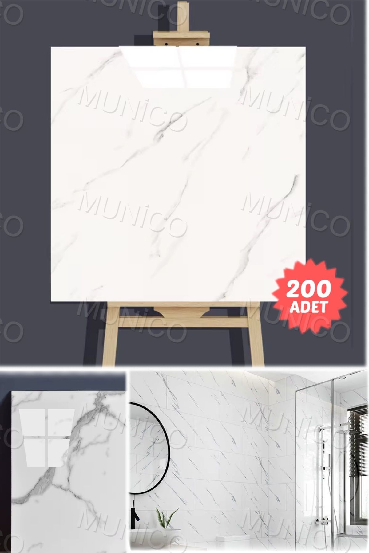 Munico 200 Parça Duvar Etiketi Mermer Fayans Etiketi Kendinden Yapışkanlı 30x30 Cm Seramik Plaklar Beyaz