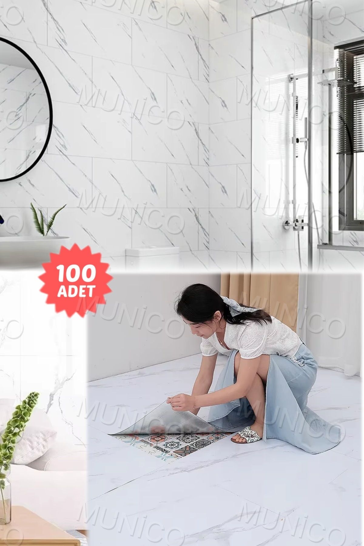 Munico 100 Parça Beyaz 30x30 Fayans Mermer Duvar Fayans Kendinden Yapışkanlı Ev Dekorasyonu Banyo Yalıtım