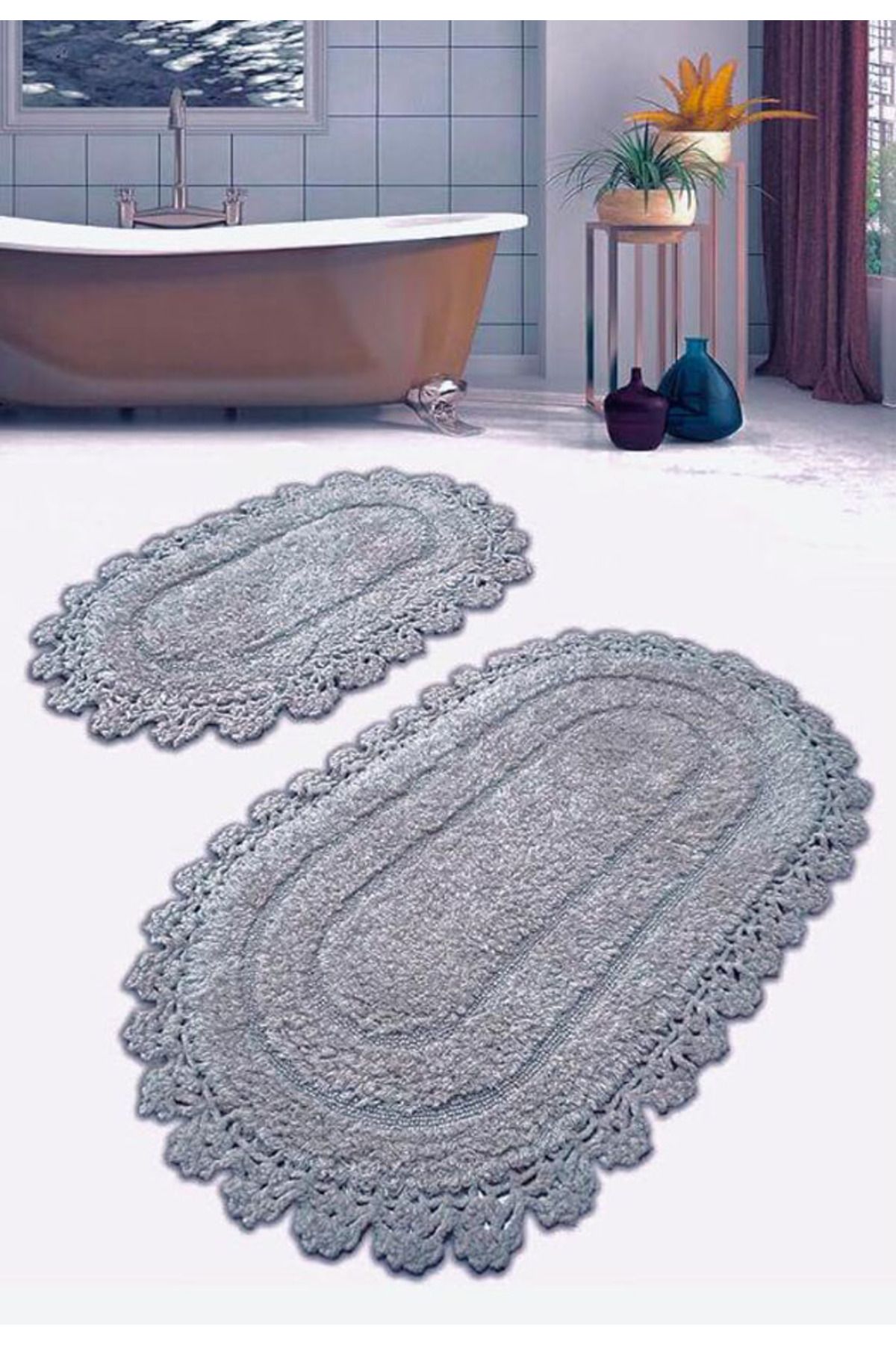 PIRILTI COLLECTION BANYO PASPASI -2'Lİ SET-(ÖLÇÜ:60X120+50X80) %100 PAMUK-KENARLARI EL İŞİ ÖRME