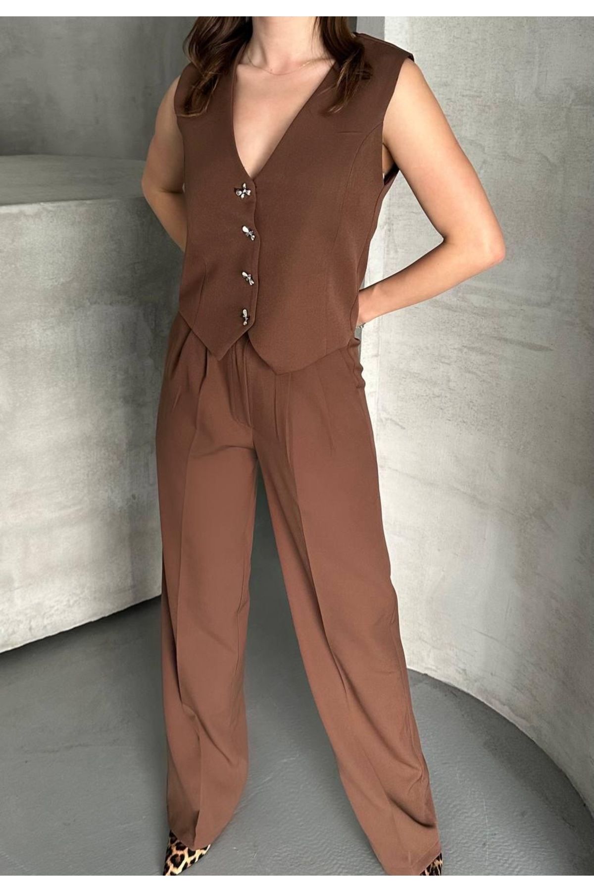Ekim Store Kurdele Düğmeli Yelekli İkili Blazer Takım