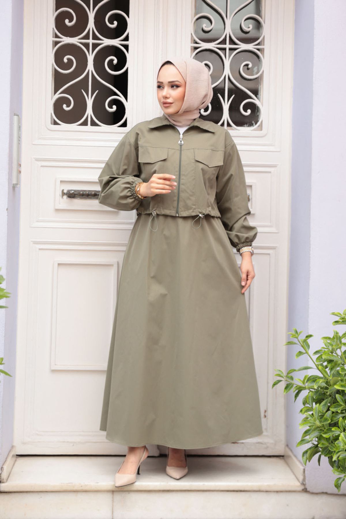 N.S NEVA STYLE Ceketli Haki Tesettür Etekli İkili Takım 4458HK