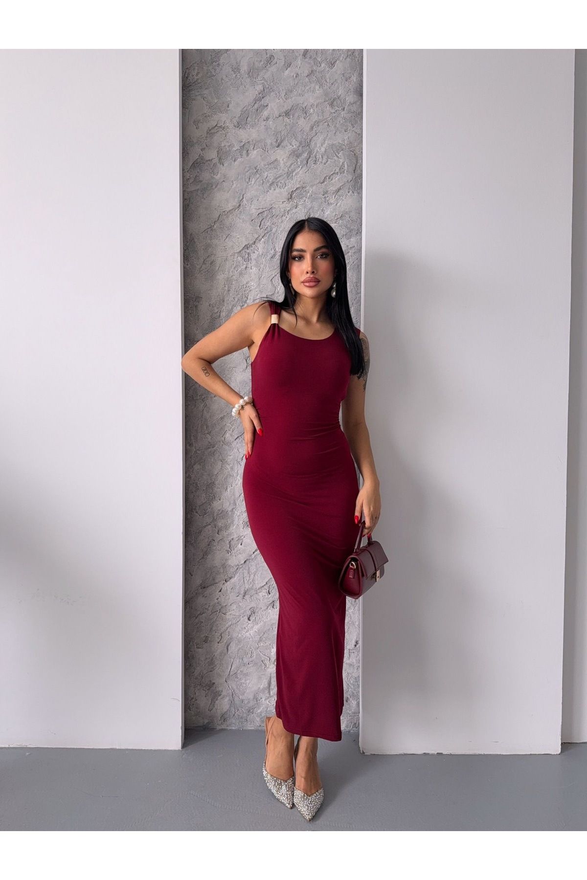 Ekim Store Tek Omuz Gold Taşlı Uzun Elbise