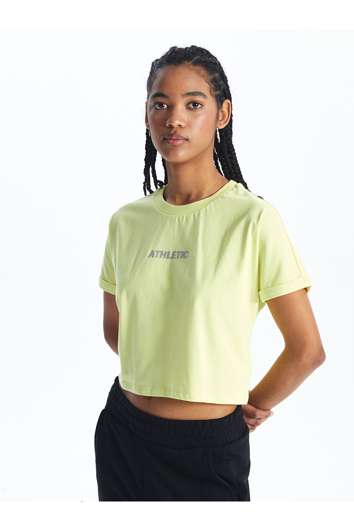 LC Waikiki Bisiklet Yaka Baskılı Kısa Kollu Kadın Crop