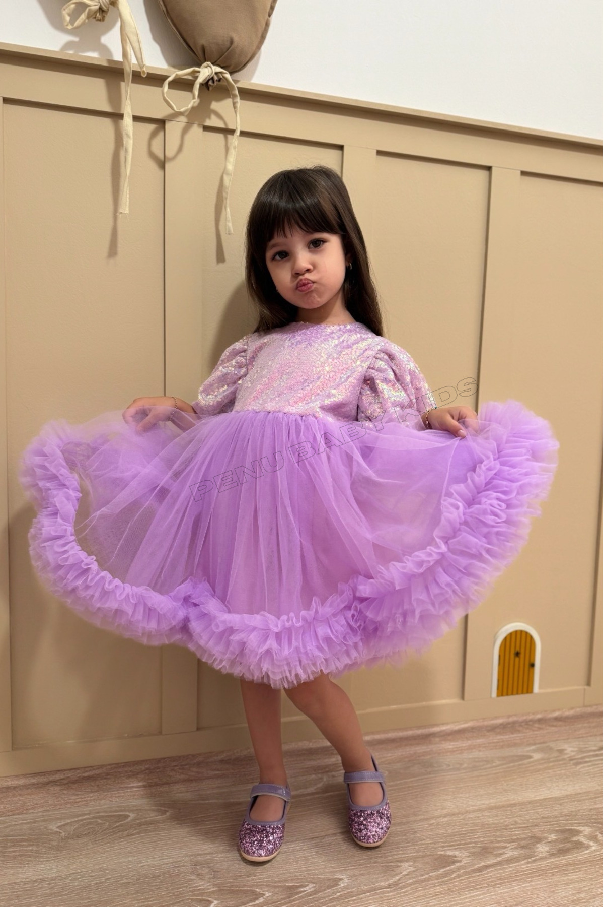 penu baby kids Lila Payet Detaylı Etek Ucu Fırfırlı Kız Çocuk Kız Bebek Abiye Elbise fotoğrafı 6 (önizleme)