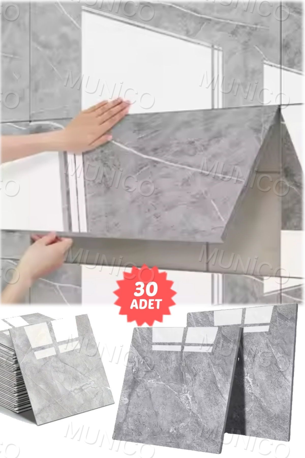Munico 30 Parça Duvar Etiketi Mermer Fayans Etiketi Kendinden Yapışkanlı 30x30 Cm Seramik Plaklar Gri