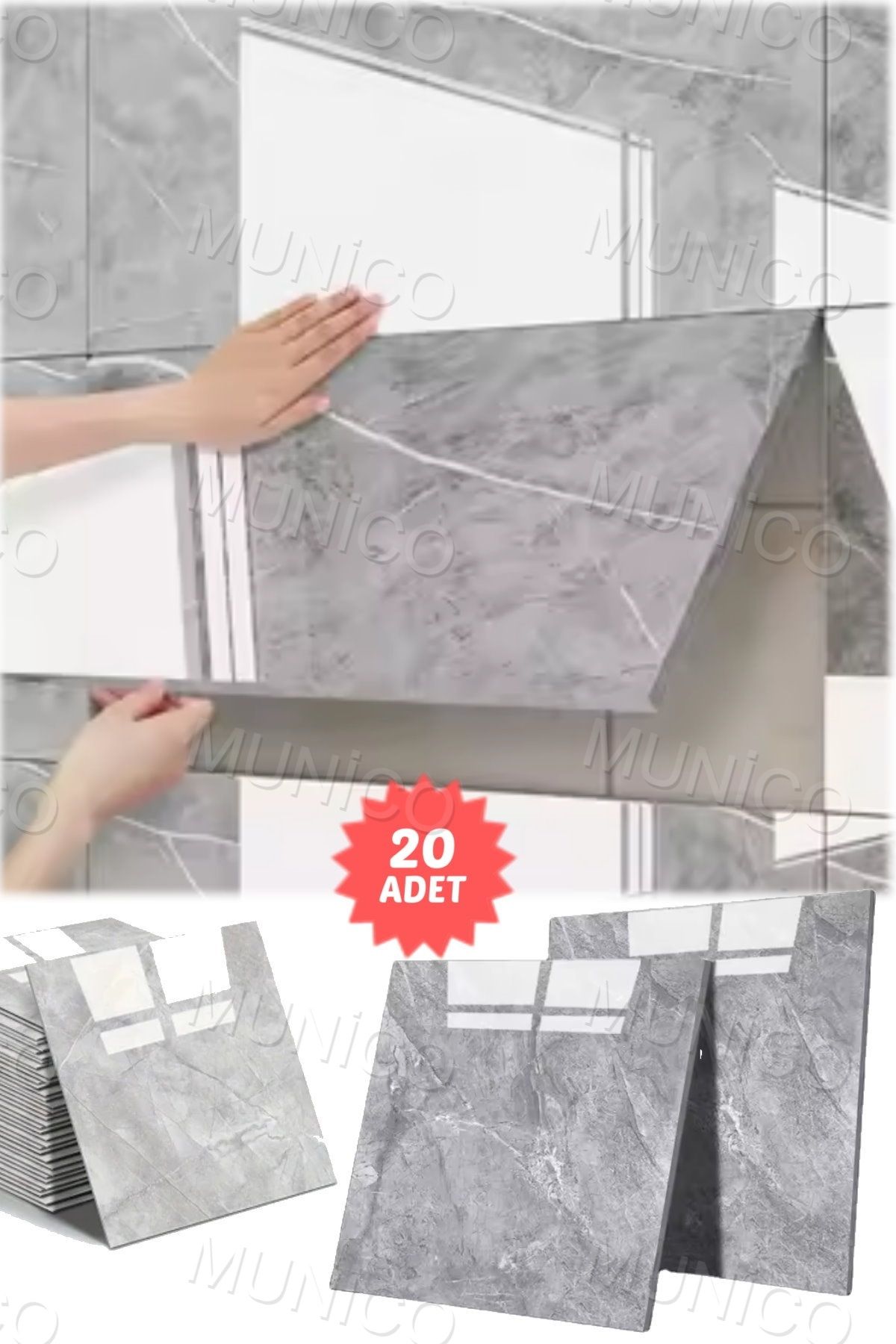 Munico 20 Parça Duvar Etiketi Mermer Fayans Etiketi Kendinden Yapışkanlı 30x30 Cm Seramik Plaklar Gri