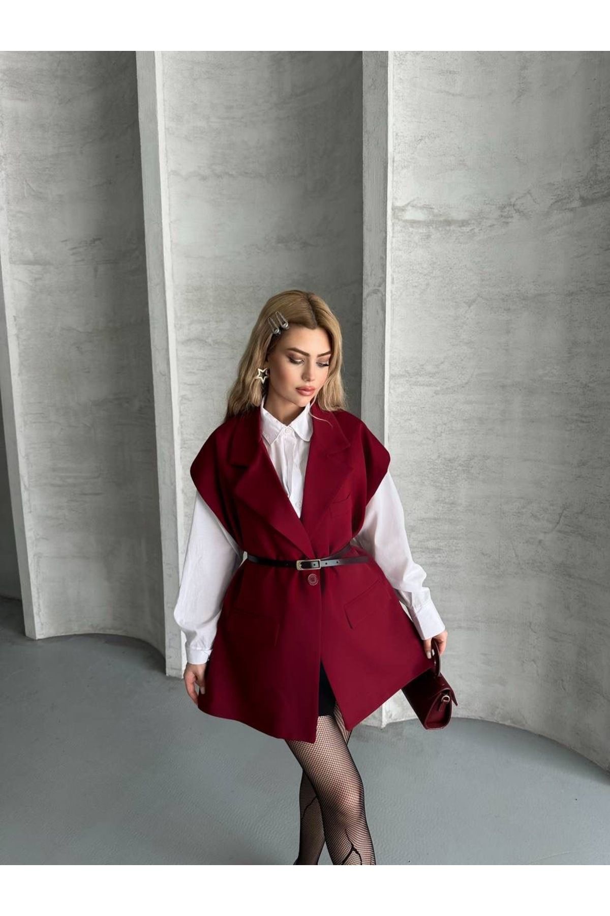 Ekim Store Kemerli Oversize Blazer Yelek Ceket