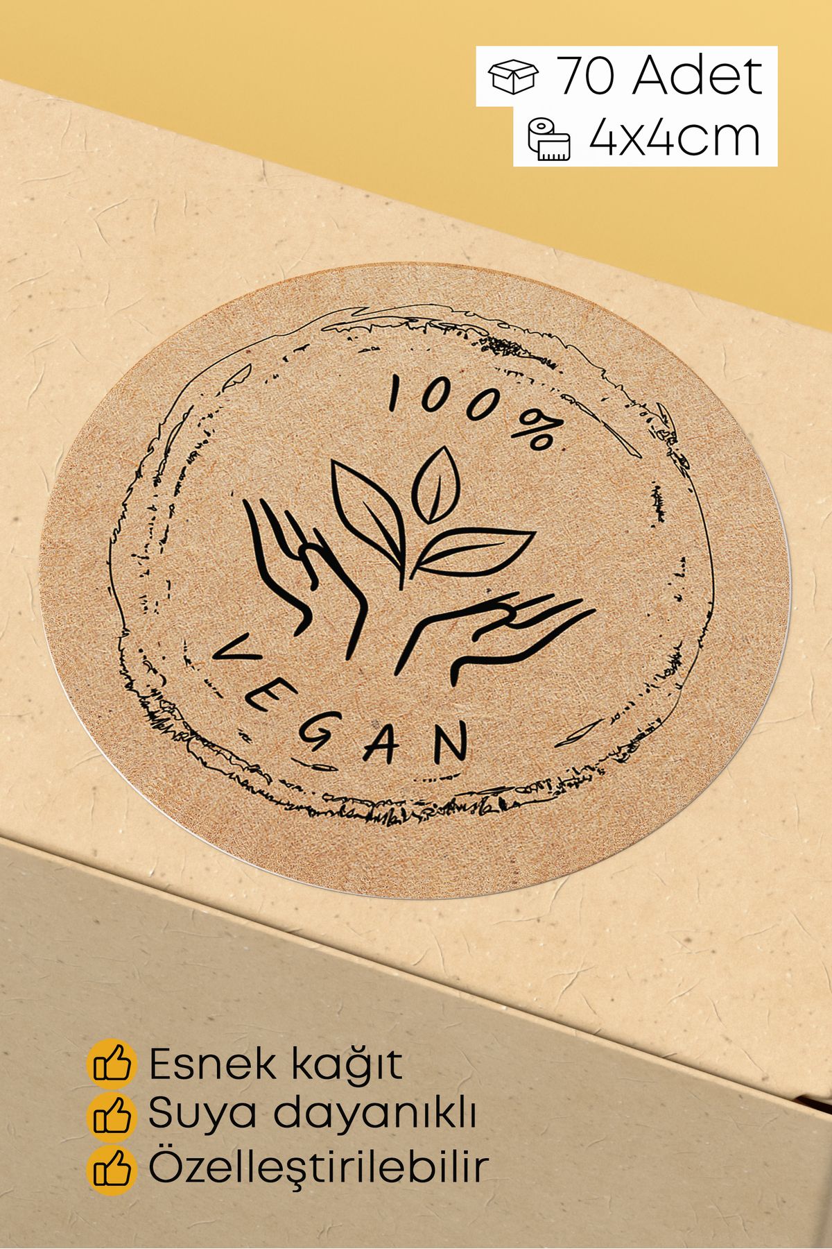 alışveriş kurdu %100 Vegan Yazılı Kraft Desenli Sticker Paketleme Kargo Ambalaj Etiketi - 4x4cm 70 Adet Yuvarlak