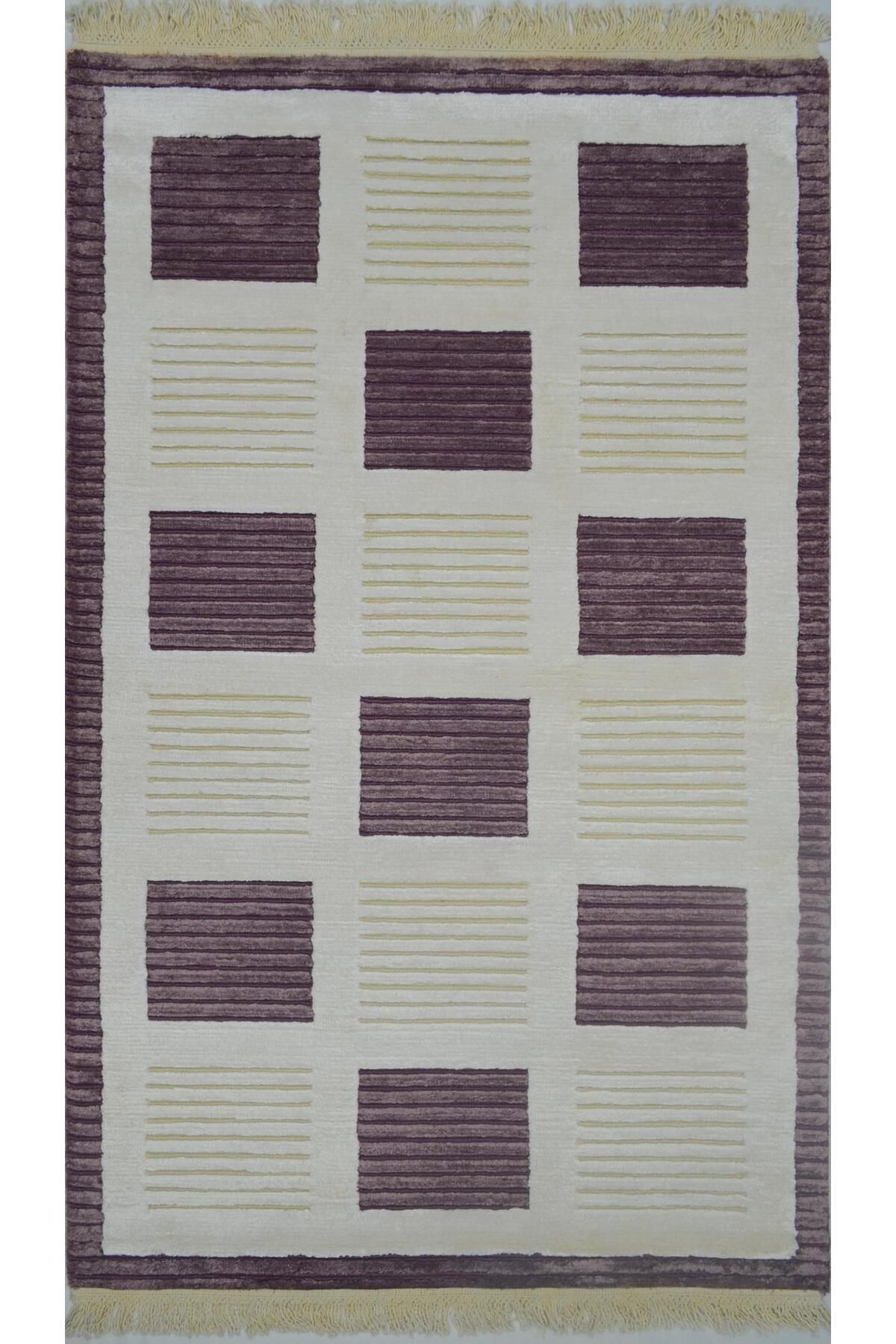 Handmade Yüksek Kalite Yünden El Dokuma Krem ve Mor Renk Nepal Halısı 80x150 cm (1.2 m²)