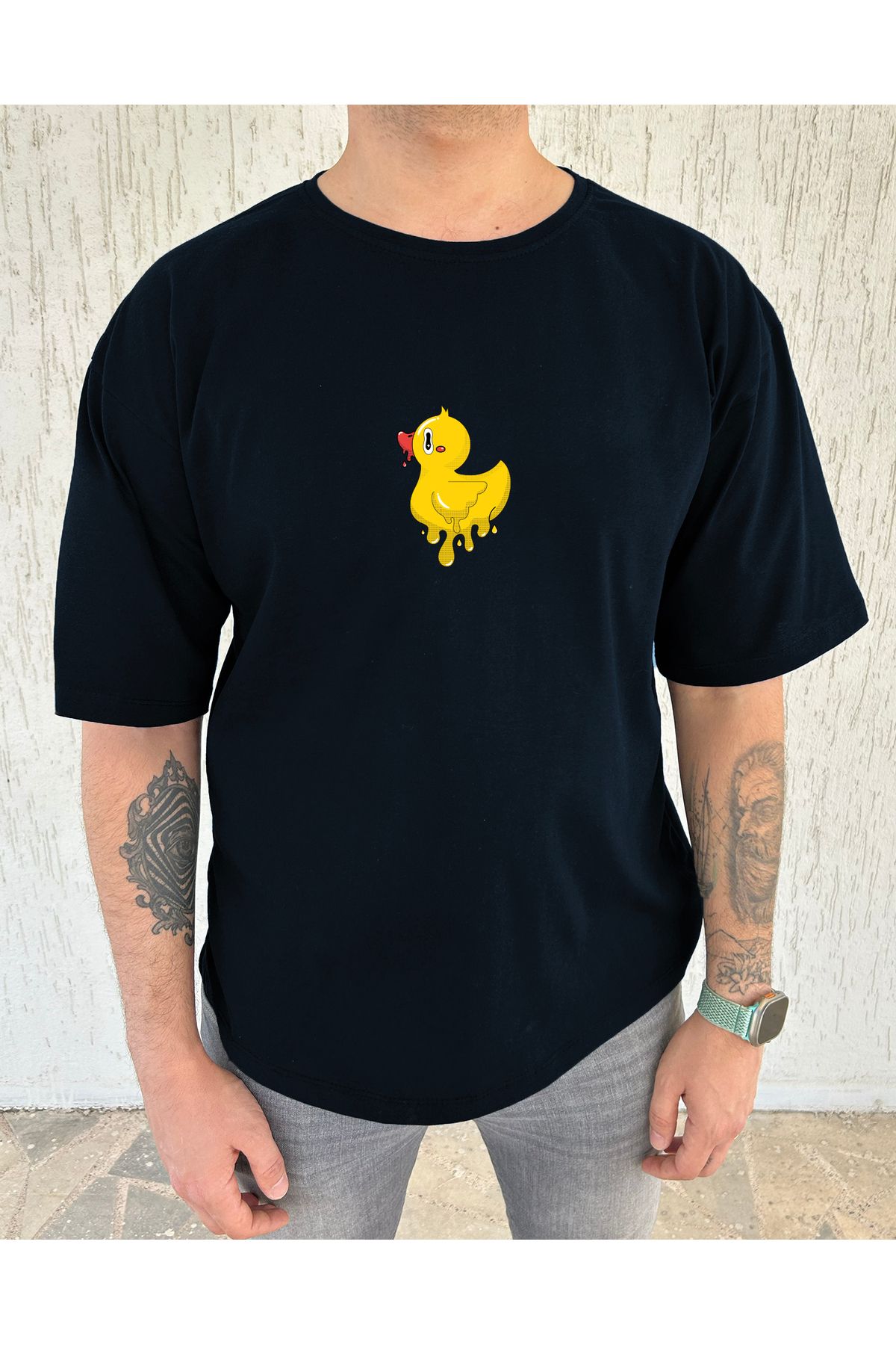 ClubSpaceAstro Melting Duck Baskılı %100 Pamuk Oversize Erkek Tişört – Eğlenceli Tasarım, Rahat Kalıp
