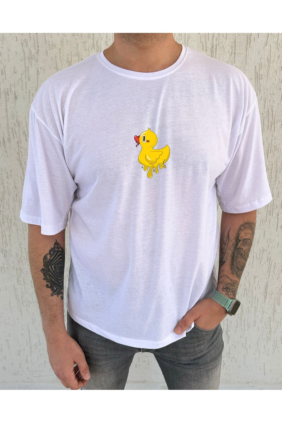 ClubSpaceAstro Melting Duck Baskılı %100 Pamuk Oversize Erkek Tişört – Eğlenceli Tasarım, Rahat Kalıp
