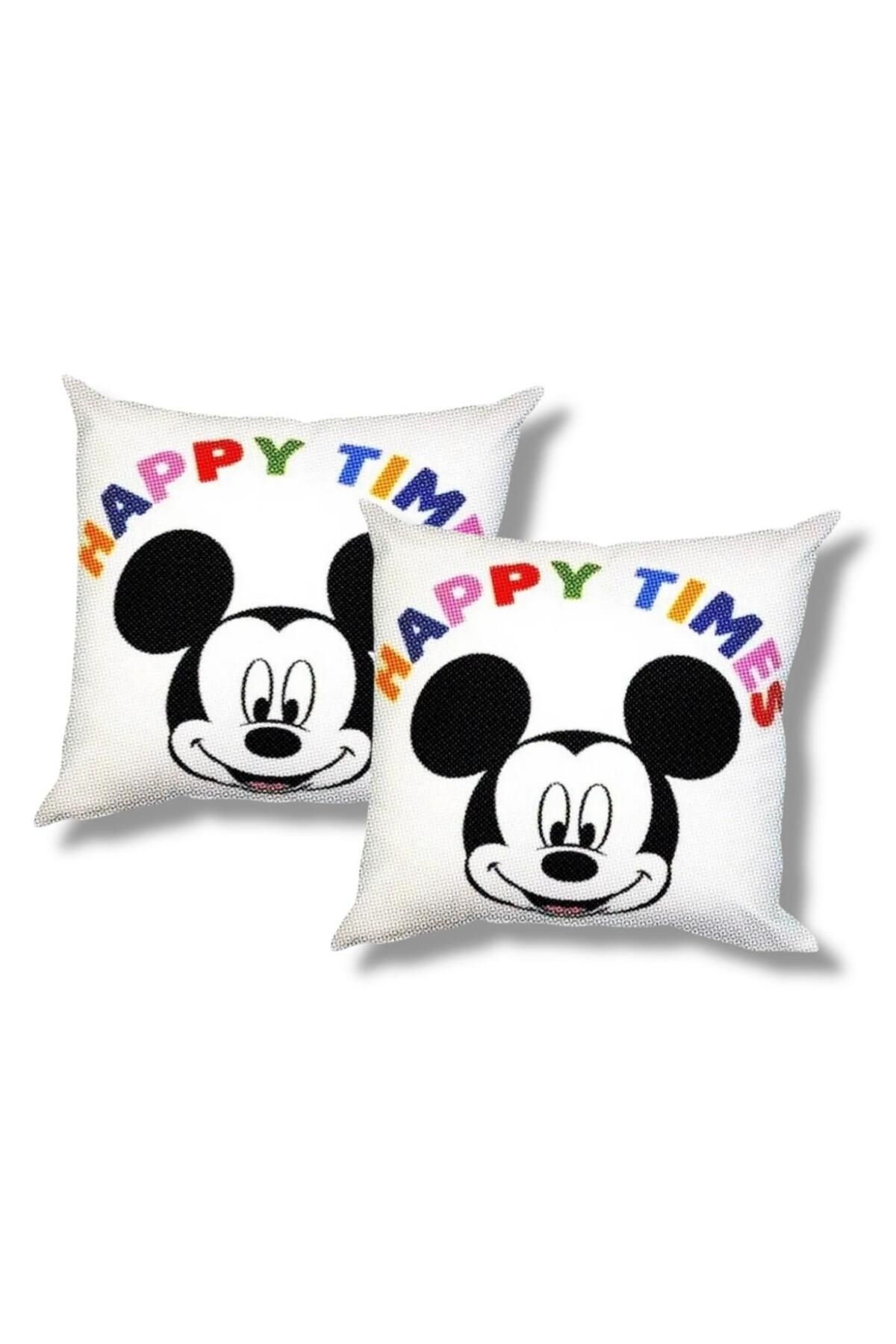 Taç Mickey Mouse Kare Pamuk Kumaş Dolgulu Kırlent 2 Adet 45x45 Cm