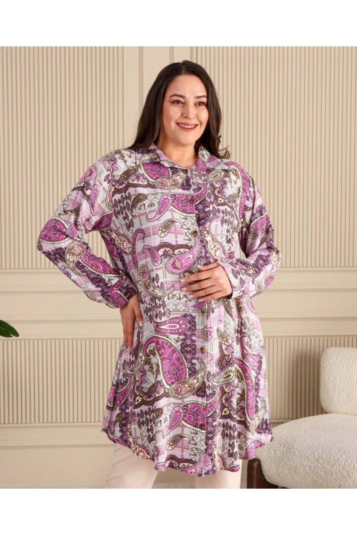 Sevda Kılınç Büyük Beden Şal Desenli Gömlek