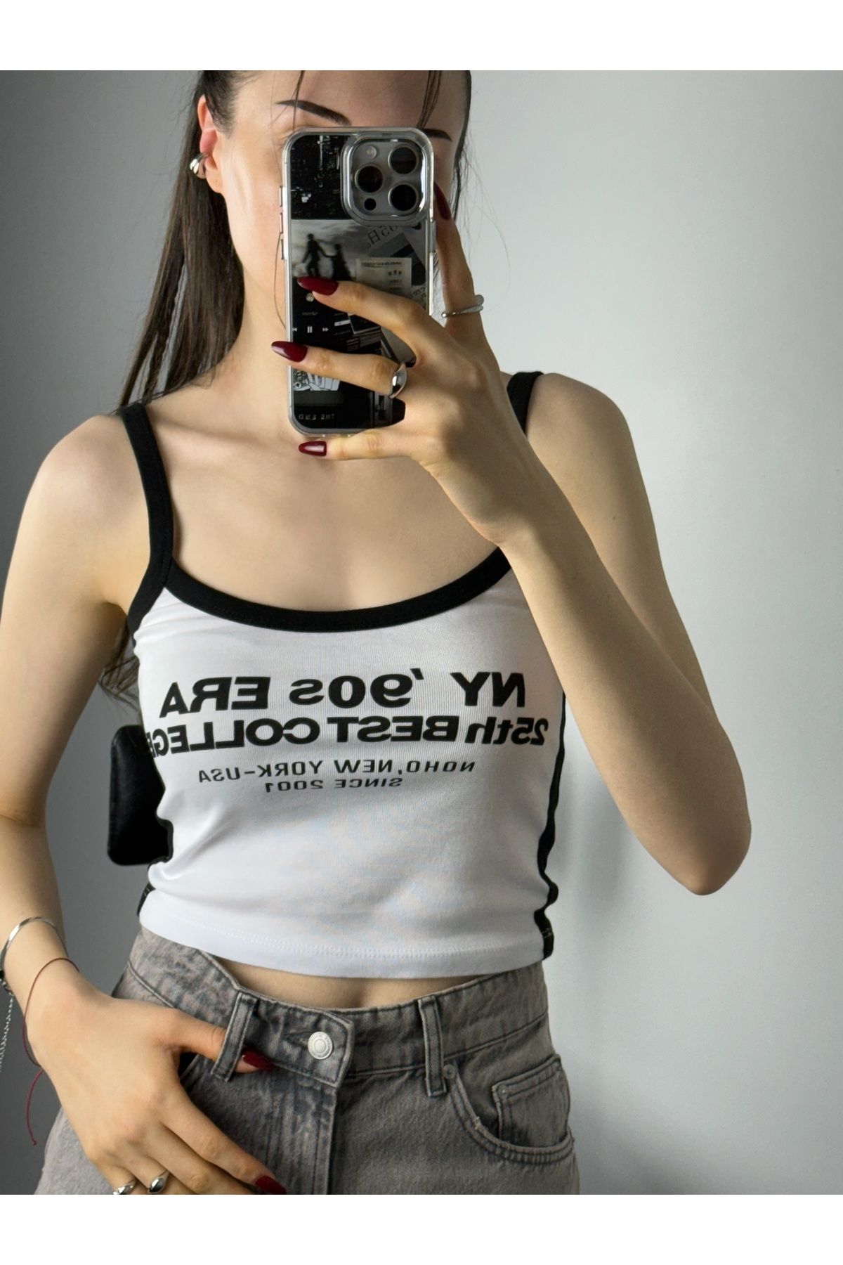 hece butik Yazı detaylı askılı tshirt