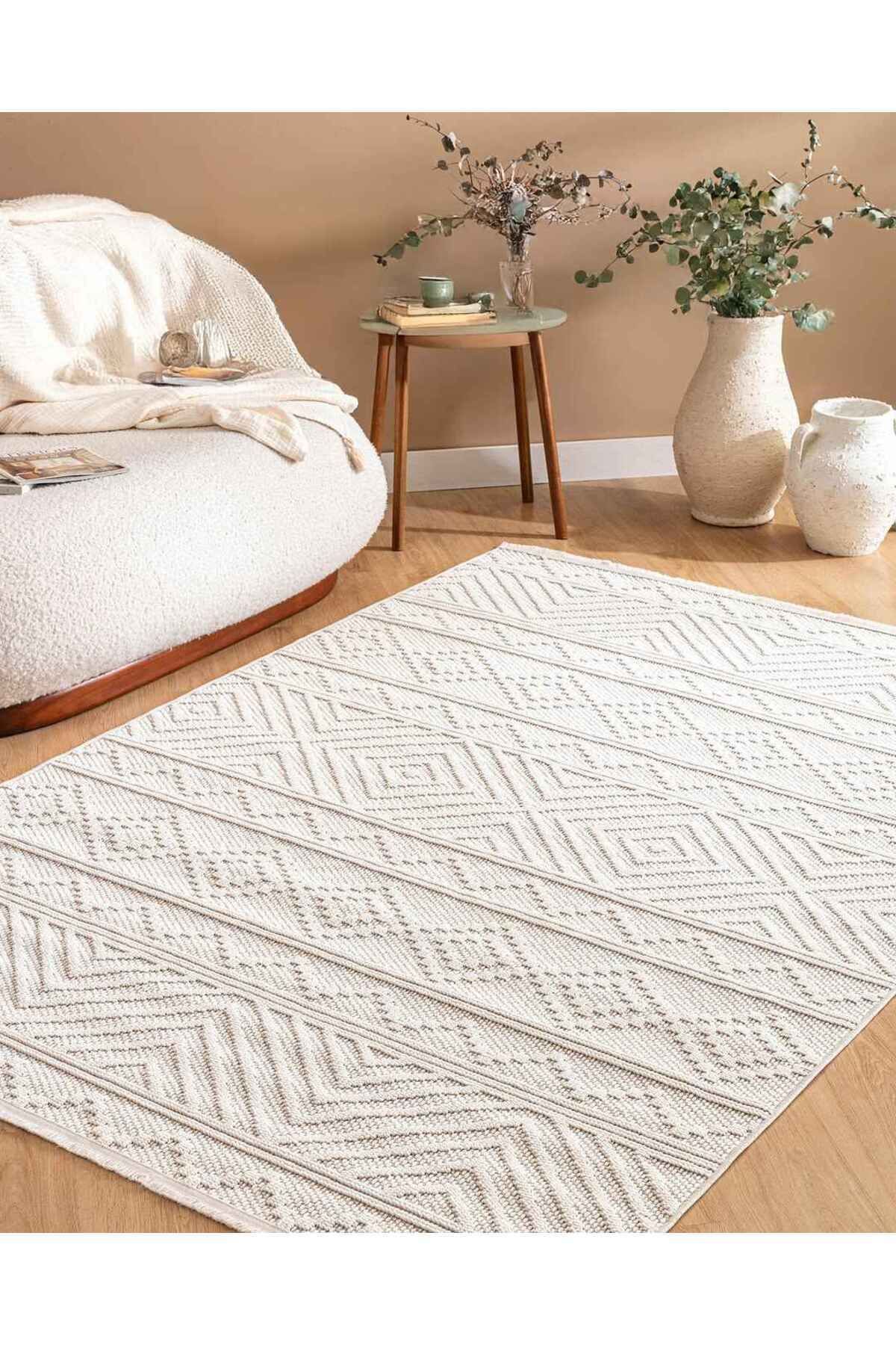 Dinarsu Mira Krem Rengi Modern Dokuma Halı Dekoratif İskandinav Tarz Oturma Odası Salon Halısı