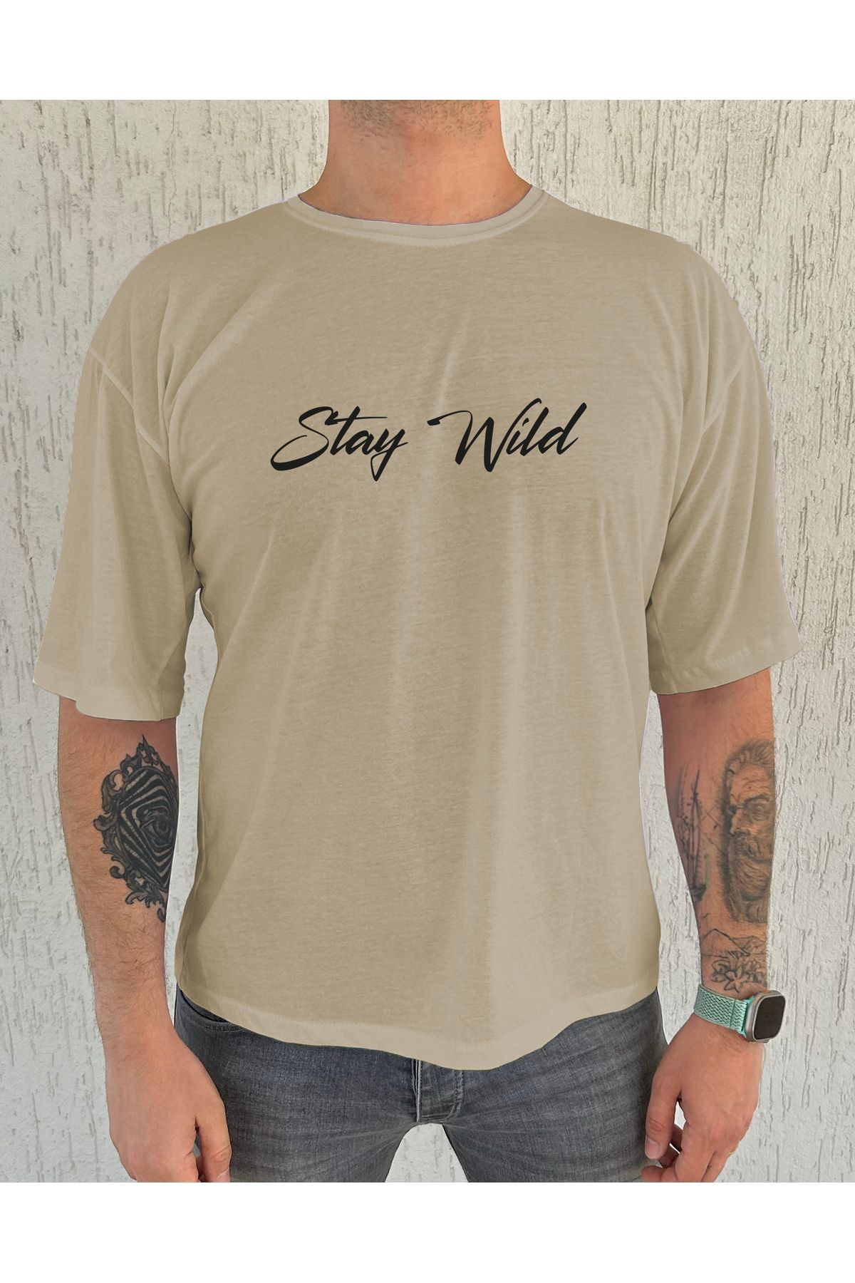 ClubSpaceAstro Stay Wild Baskılı %100 Pamuk Oversize Erkek Tişört – Özgür Ruhlar İçin, Salaş Kesim