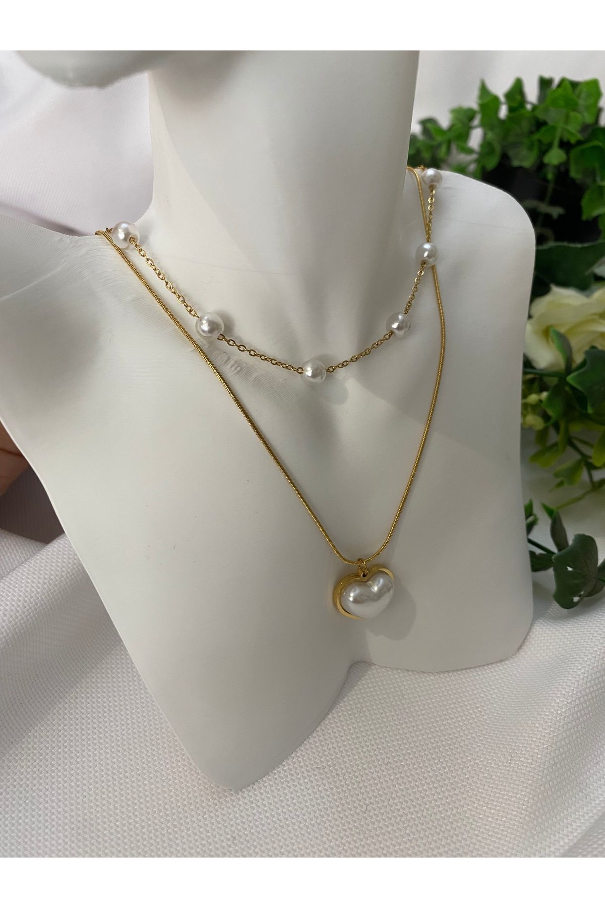 asem jewelry ÇELİK İNCİ DETAYLI KALPLİ KOLYE