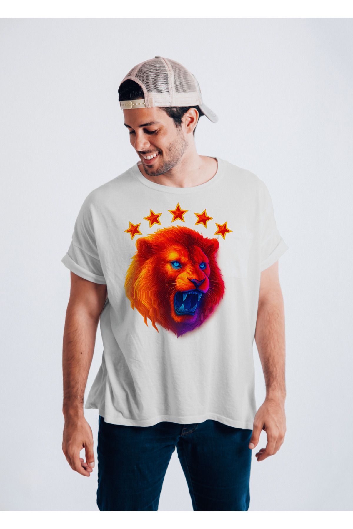 BBbutik Gal.at.a.sar.ay 5 Yıldız ve Aslan Detaylı Baskılı Oversize Tshirt Unisex