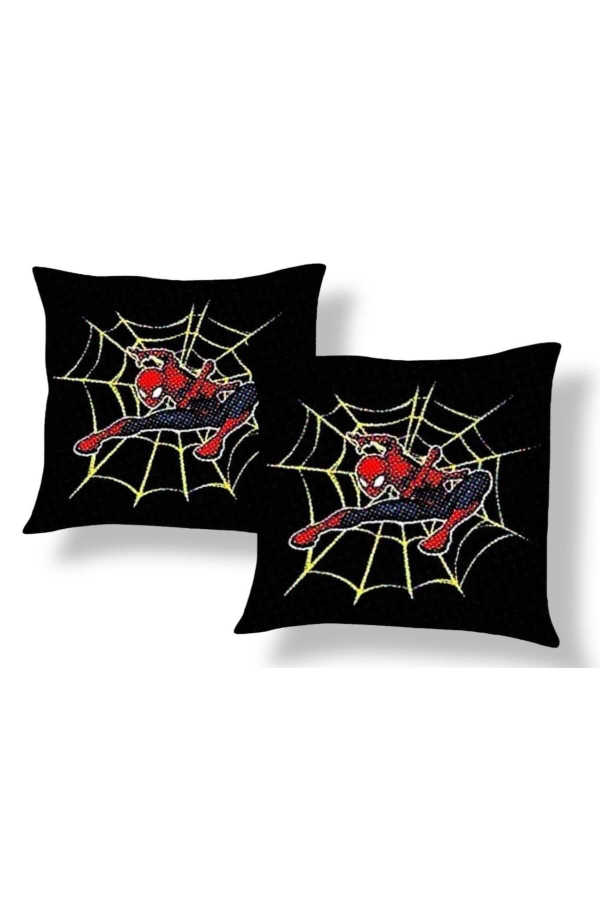 Taç Spiderman Desenlie Pamuk Kumaş Dolgulu Kırlent 2 Adet 45x45 Cm