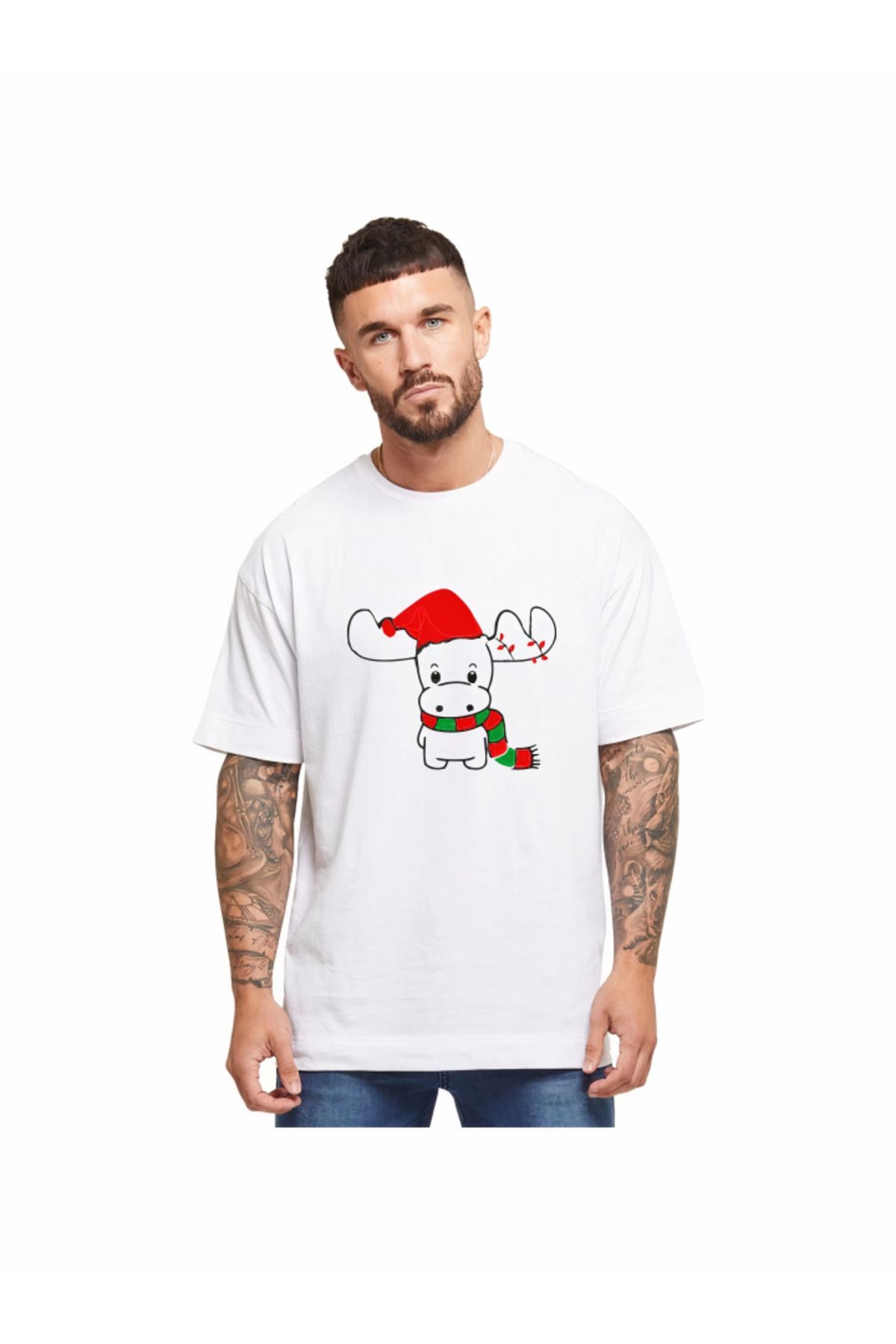 Gökyüzü Moda Ren Geyiği Baskılı Noel İçin T-shirt - Beyaz