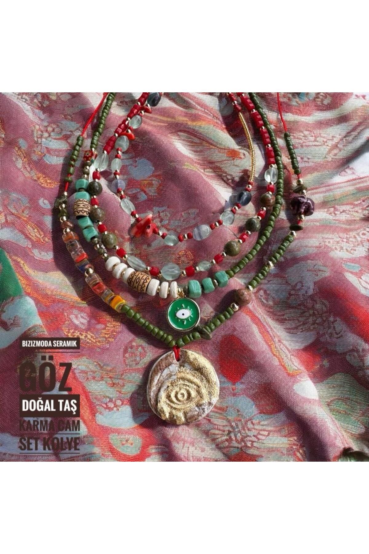 bizizmoda Bodrum Cam Boncuk El Yapımı Seramik Gold Göz Kolye Nazar Boncuk Mavi Kolye