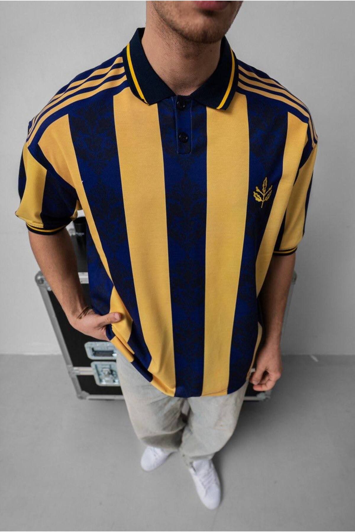 PLÜTON GİYİM Erkek Retro Tarz Sarı Lacivert Çizgili Polo Yaka Tasarım Taraftar Tişört