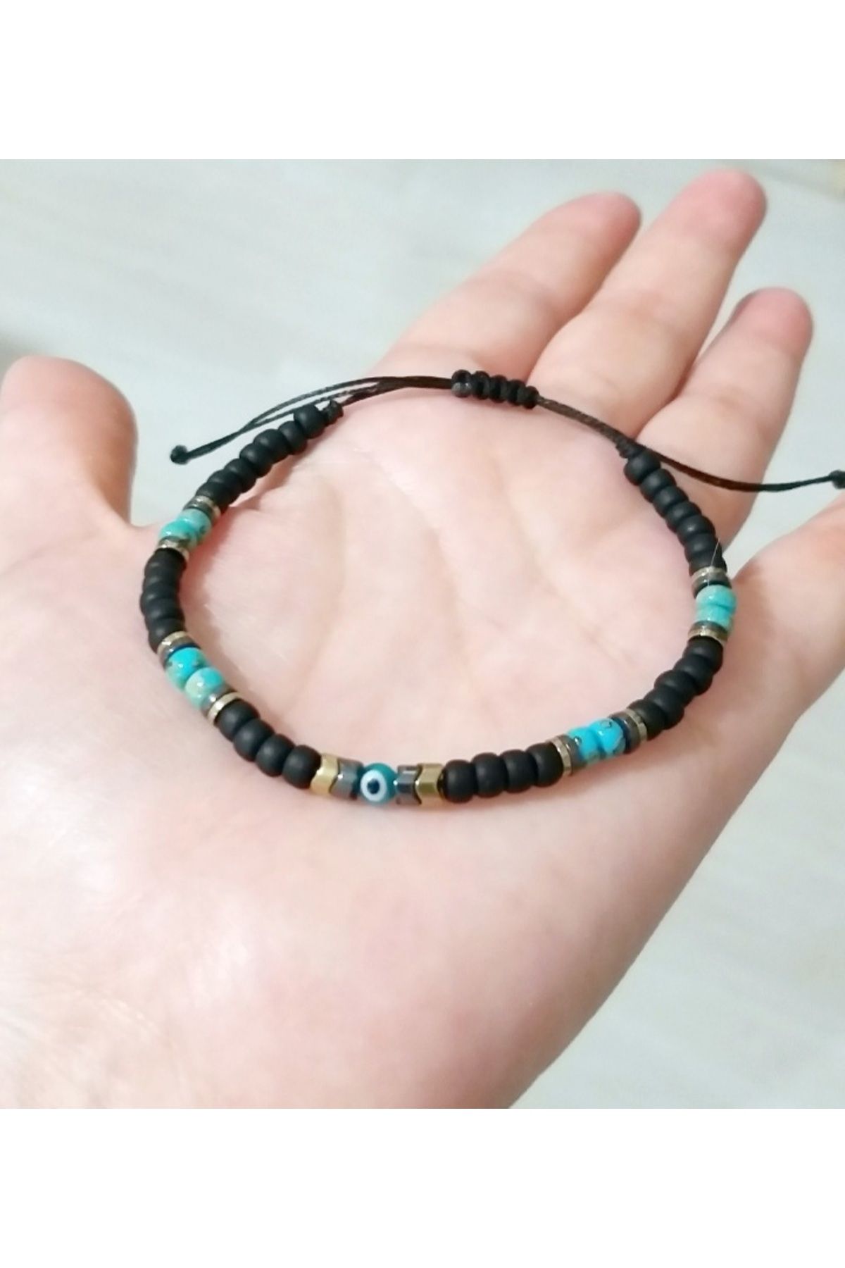 Funny Takılar Hematit Doğaltaşlı Turkuaz Rengi Cam Nazar Ve Miyuki Round Boncuklu Unisex Bileklik