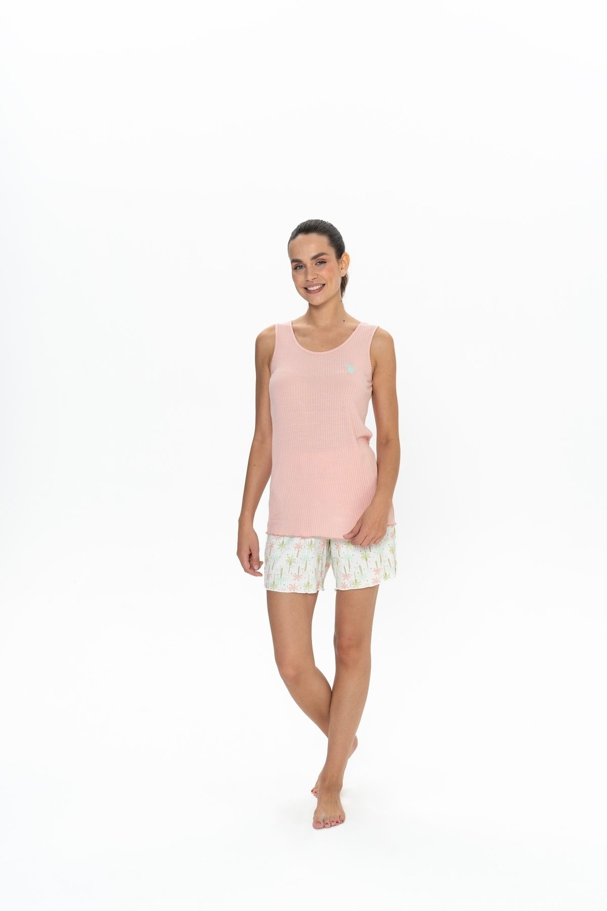 U.S. Polo Assn. U.S. Polo Assn. Kadın Somon Palmiye Desen Şort-Atlet Pijama Takımı - BNLLY20S08H0W