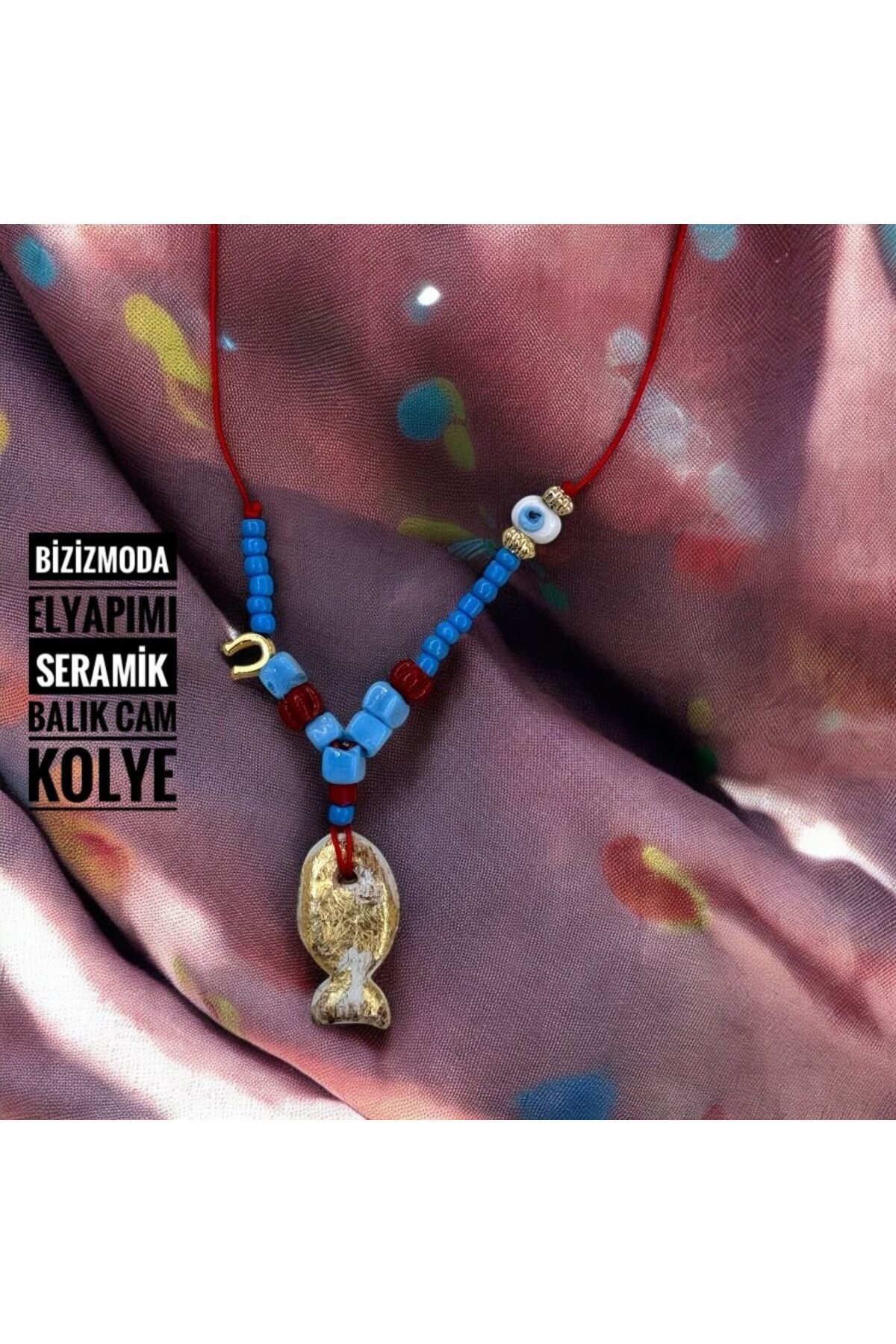 bizizmoda Bodrum Cam Boncuk El Yapımı Seramik Gold Balık Kolye Nazar Boncuk Mavi Kolye